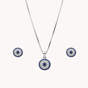 Conjunto de colgante y pendientes con circonitas blancas y azules para madrina